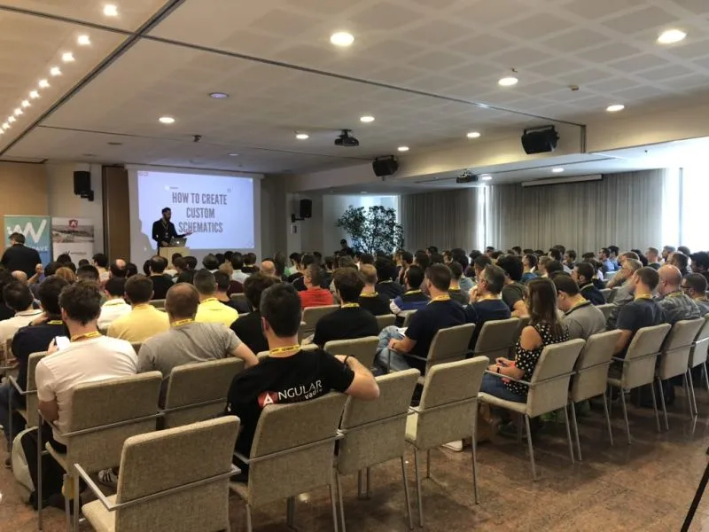 Tomas Trajan speaking about Angular Schematics at Angular Day Verona 2019