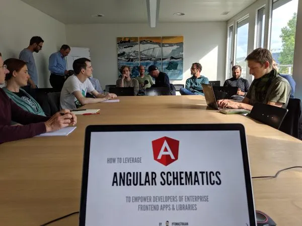 Tomas Trajan speaking about Angular Schematics at Angular Zurich Meetup 03 2019